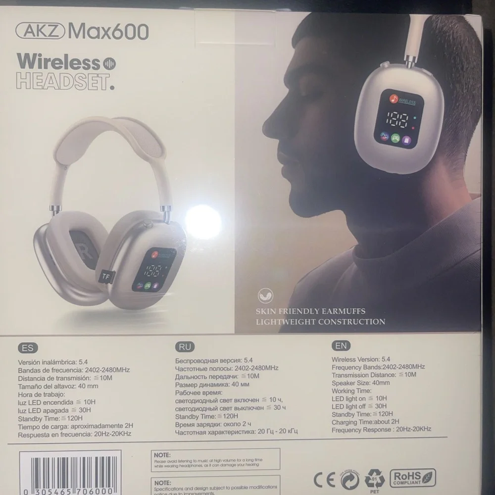 AKZ MAX600 RGB Headphones with LED Screen, Wireless 5.4 Bluetooth Headset, Gold